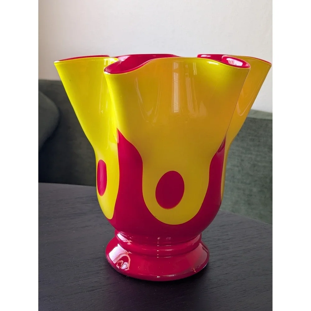 Vintage Yellow Red Ruffled Handkerchief Glass Vase Large Midcentury Modern Art